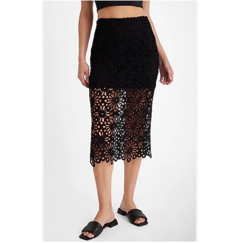 Express‎ Crochet Midi Skirt Size 4 Black Boho Whimsygoth Sheer Overlay NWT